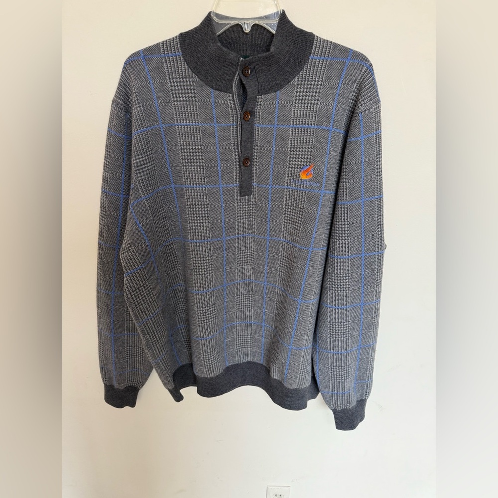 Fairway & Greene Italian Merino Wool Gray Blue Plaid Pullover Golf Sweater XL
